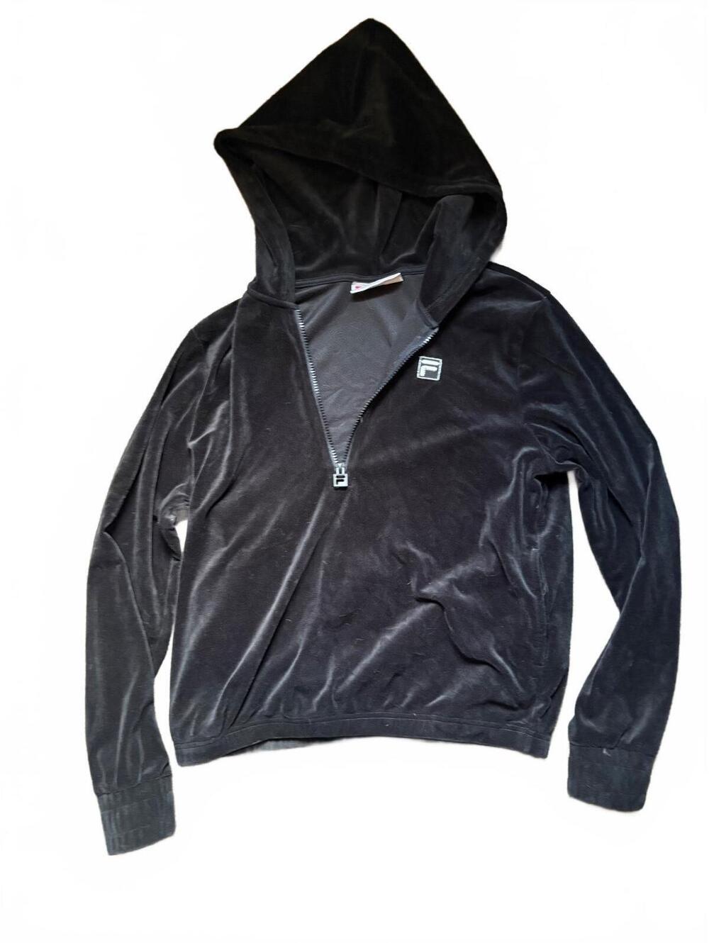 Y2K FILA Black Velour Hoodie Women’s Small 1/4 Zip Embroidered Logo